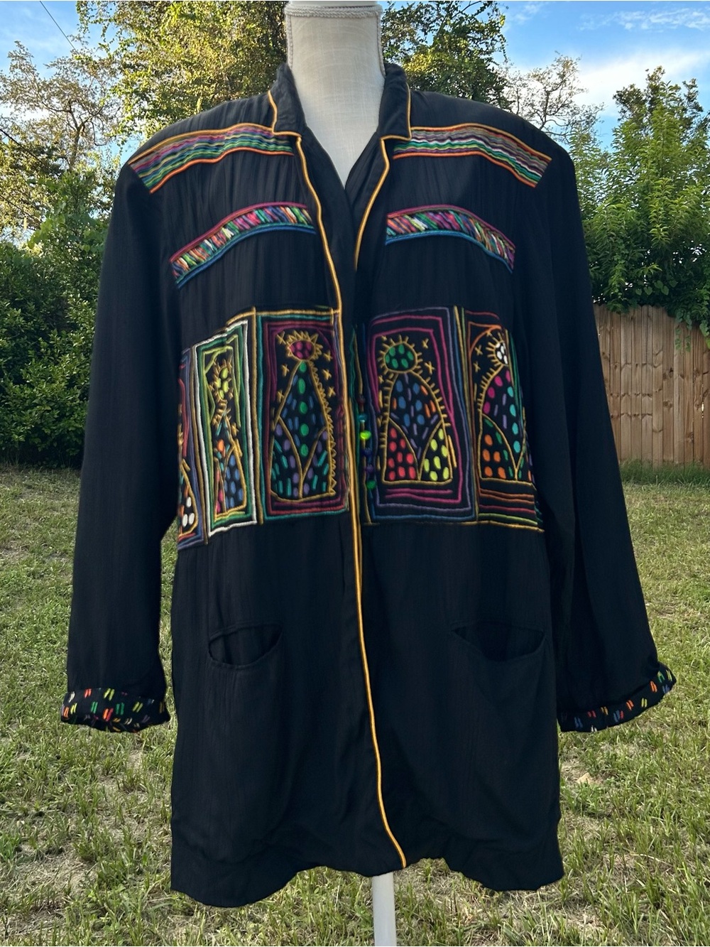 Black Embroidered Trench Coat with Multicolor Folk Panels